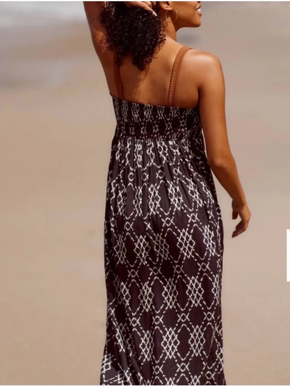 Anthropologie Black Patterned Smocked Beach Coverup with Tan Straps